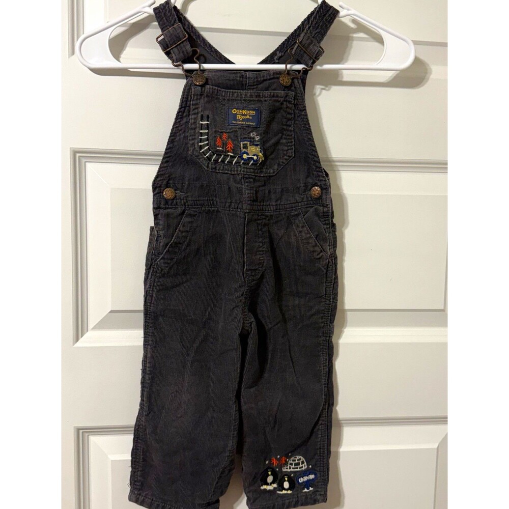 VTG OshKosh 18 Months Grey Corduroy Embroidered Penguin Train Overalls